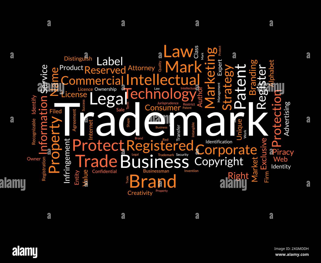 Trademark wordcloud template. Business rights concept vector background. Stock Vector