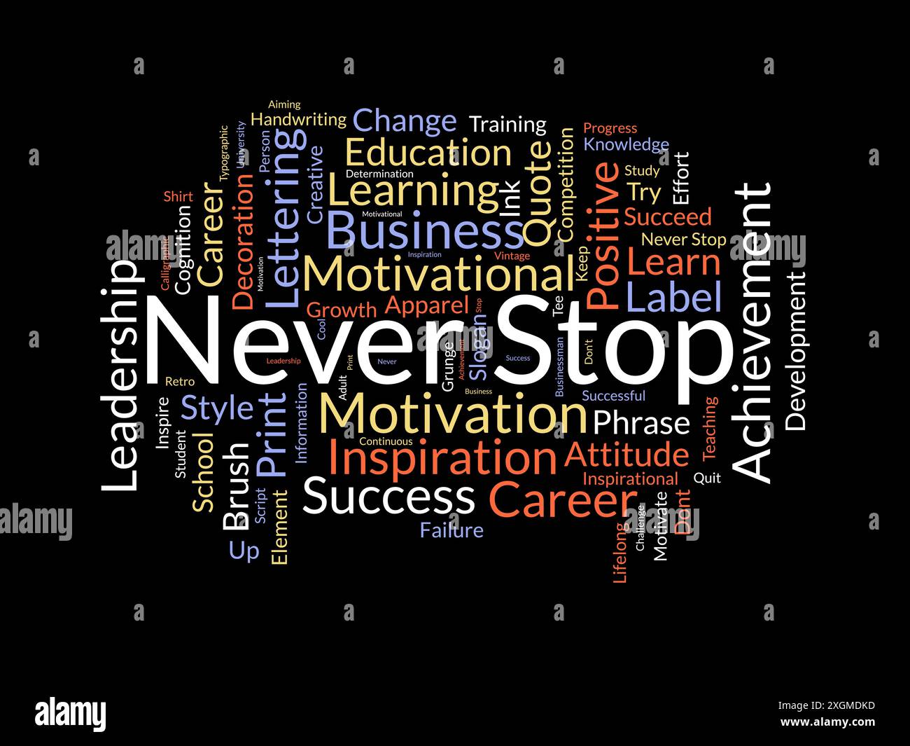 Never Stop wordcloud template. Business concept vector background. Stock Vector