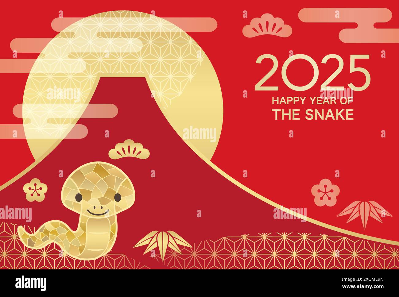 The Year 2025 New Year’s Greeting Card Vector Template With Blue Sky And Mount Fuji Decorated
