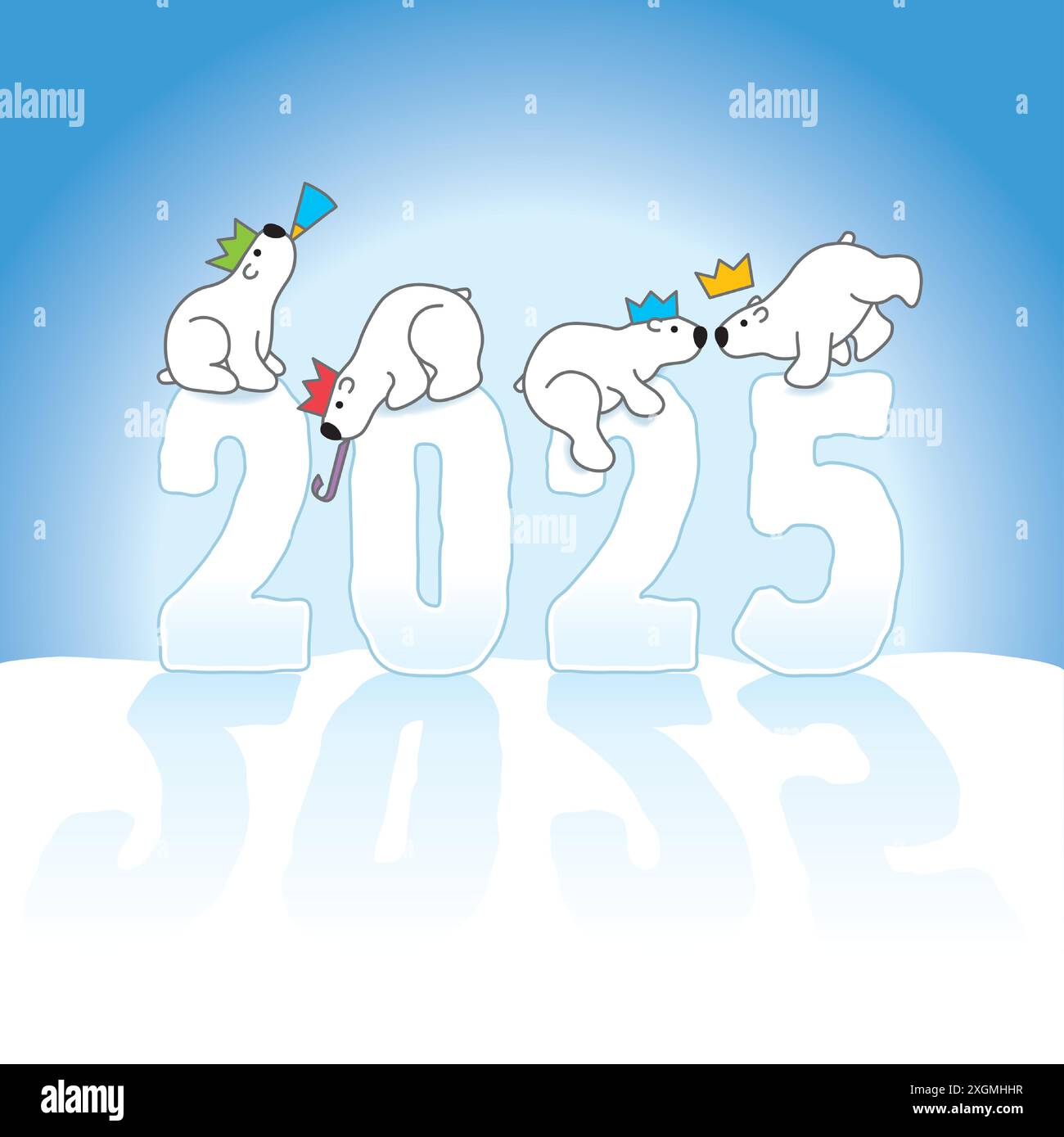 Four Cute Partying Polar Bears wearing Paper Hats Balancing on Frozen New Year 2025 Ice Sculpure