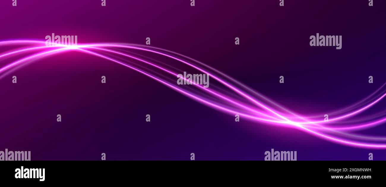 Pink neon wave line with light glow effect on dark background. Abstract ...