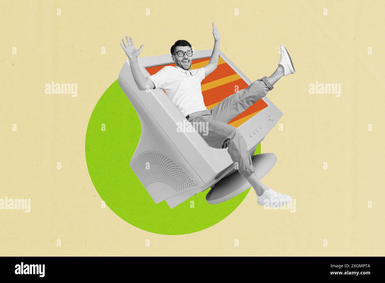 Creative collage template of funky young guy inside virtual network ...