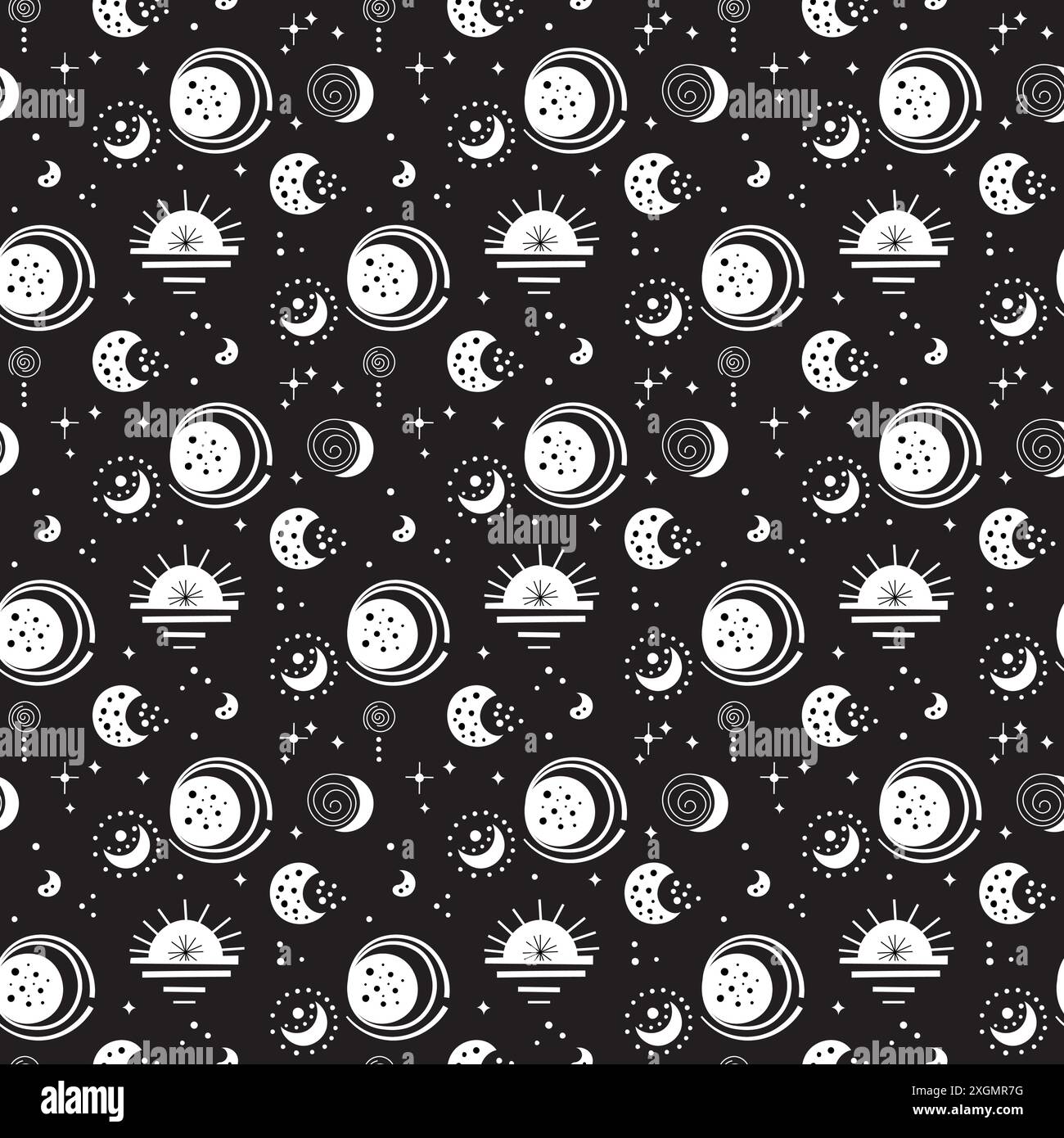 Seamless neo folk patterns with moon, cloud, sun and stars, black and ...