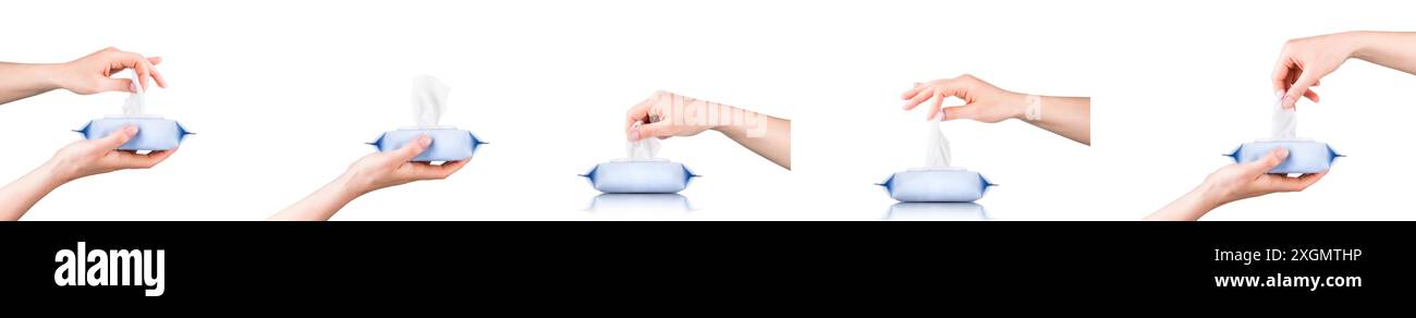 Using Hand Wipes Woman hand use antibacterial wet wipes or tissue isolated on a white ...