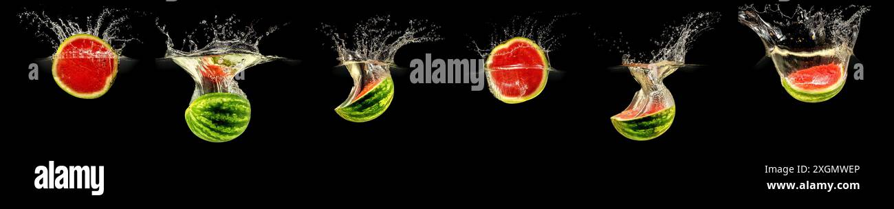 Fresh melon falling in water with splash on black background. Stock Photo