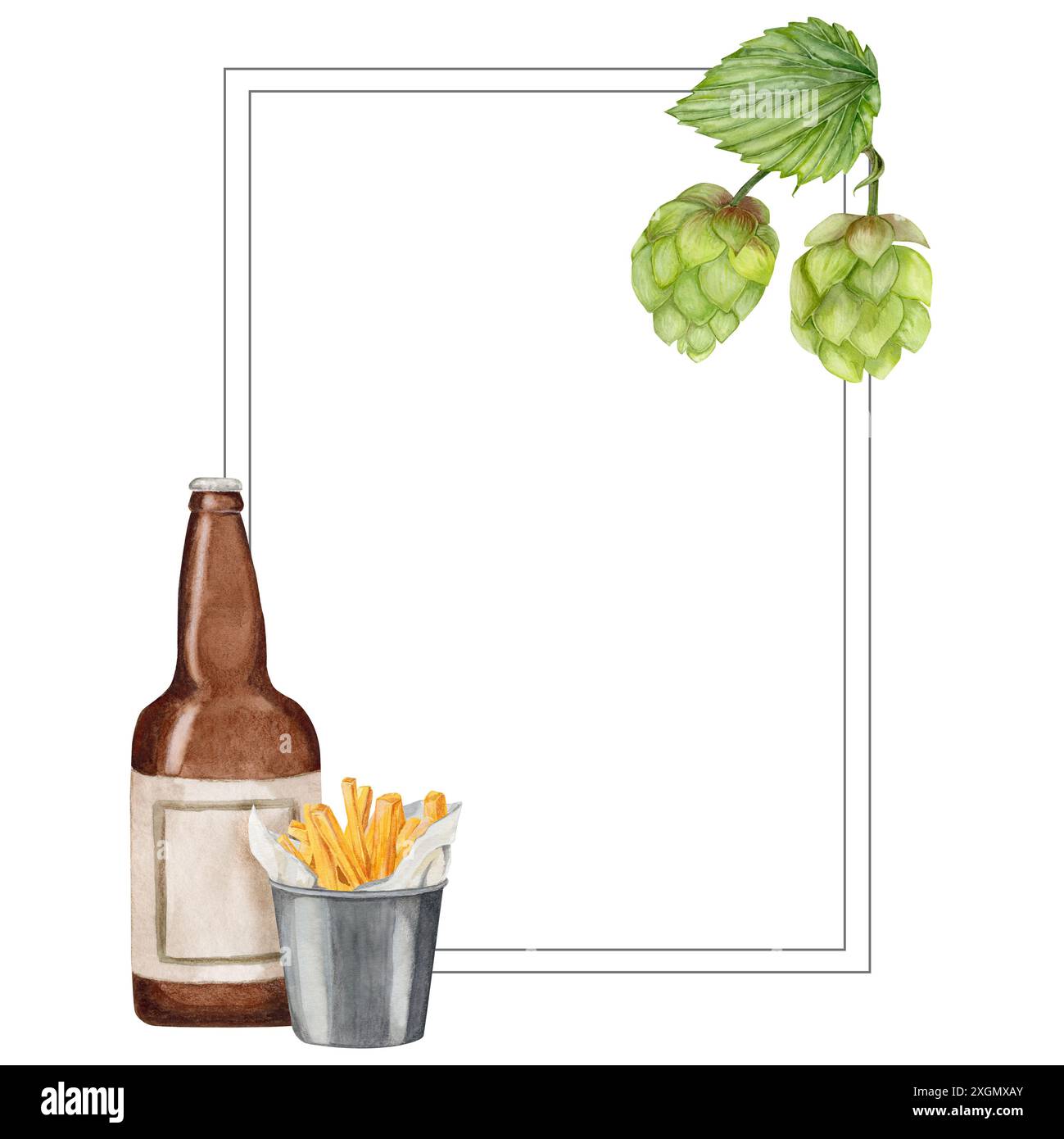 Beer Picture Frame watercolor frame illustration with beer bottle and bucket with French ...
