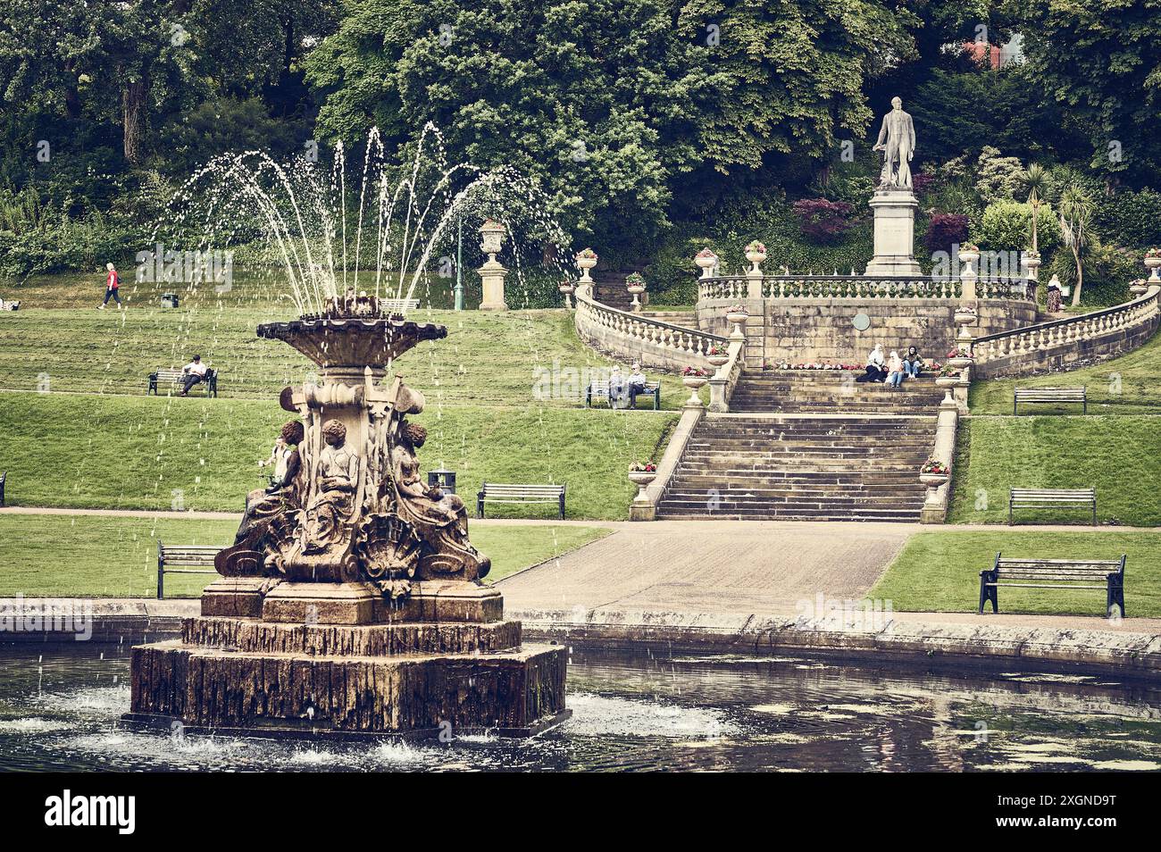 The water fountain  and stone staircase in Miller Park on a summer day Stock Photo