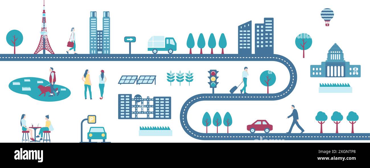 Horizontal banner illustration with the motif of roads and people's ...