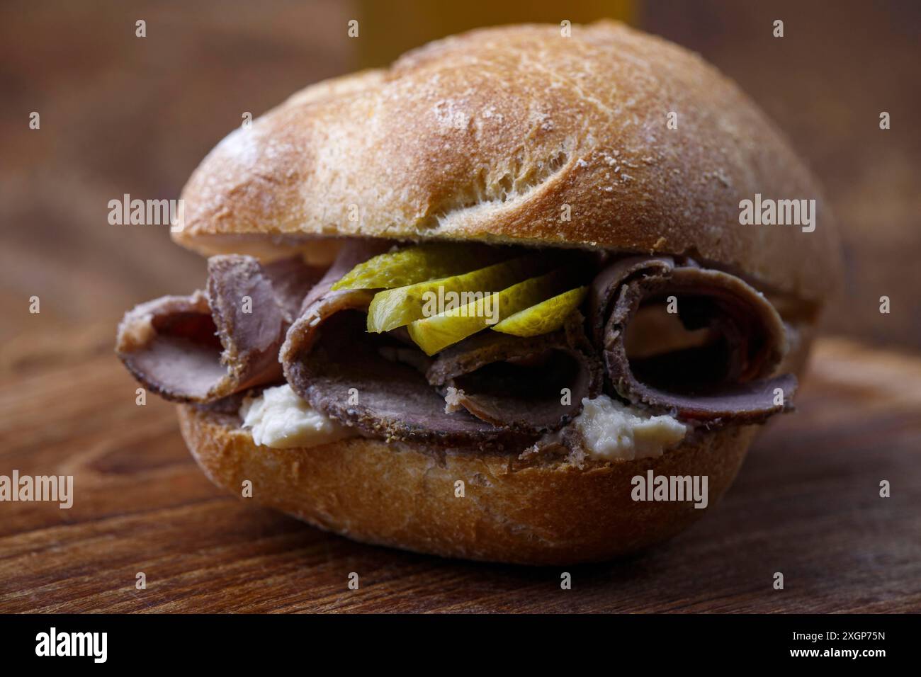 Cold roast pork in a roll Stock Photo