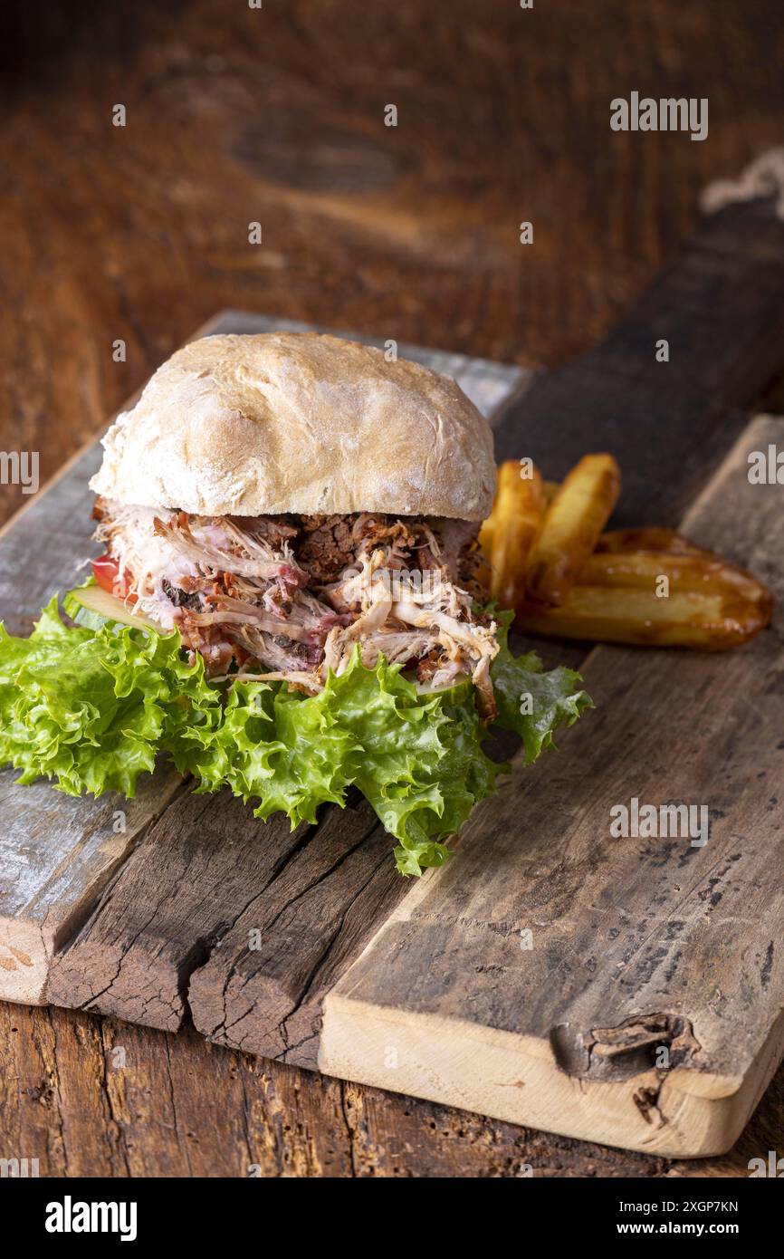Pulled pork in a bun with fries Stock Photo