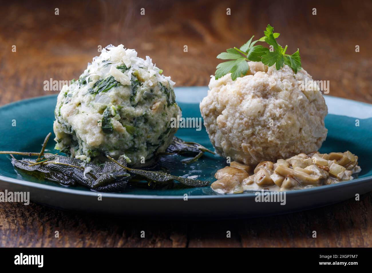 Mixed Bavarian dumplings on wood Stock Photo
