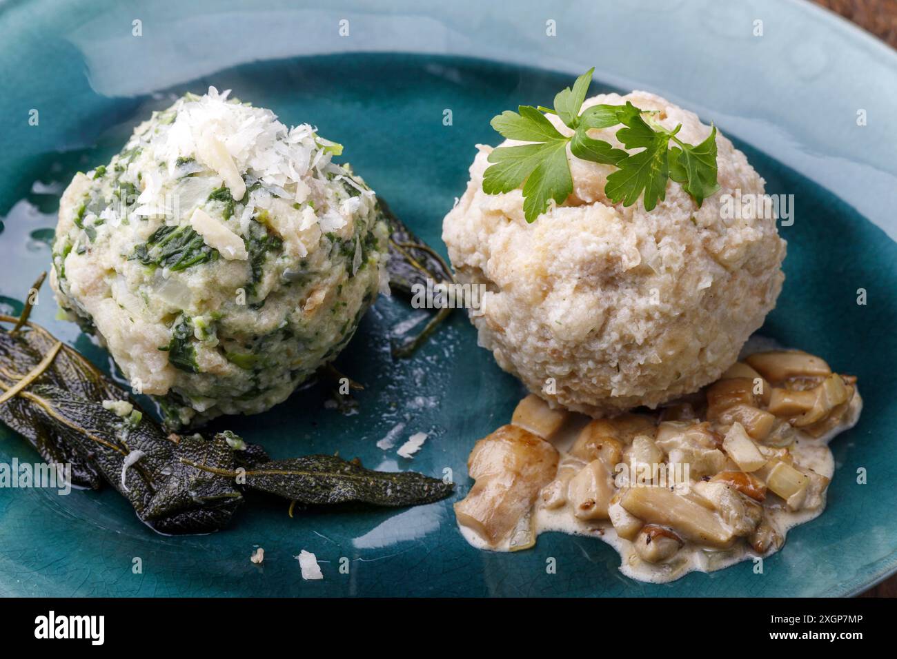Mixed Bavarian dumplings on wood Stock Photo