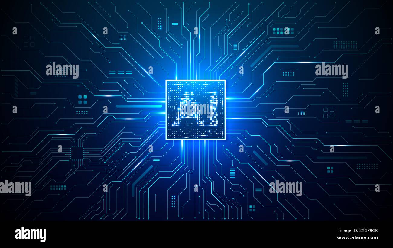 Circuit board technology background with brightly glowing AI chip Stock Vector