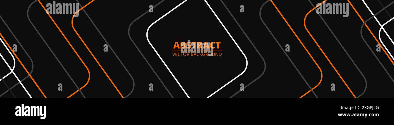 Black abstract wide horizontal banner with white, orange and gray lines ...