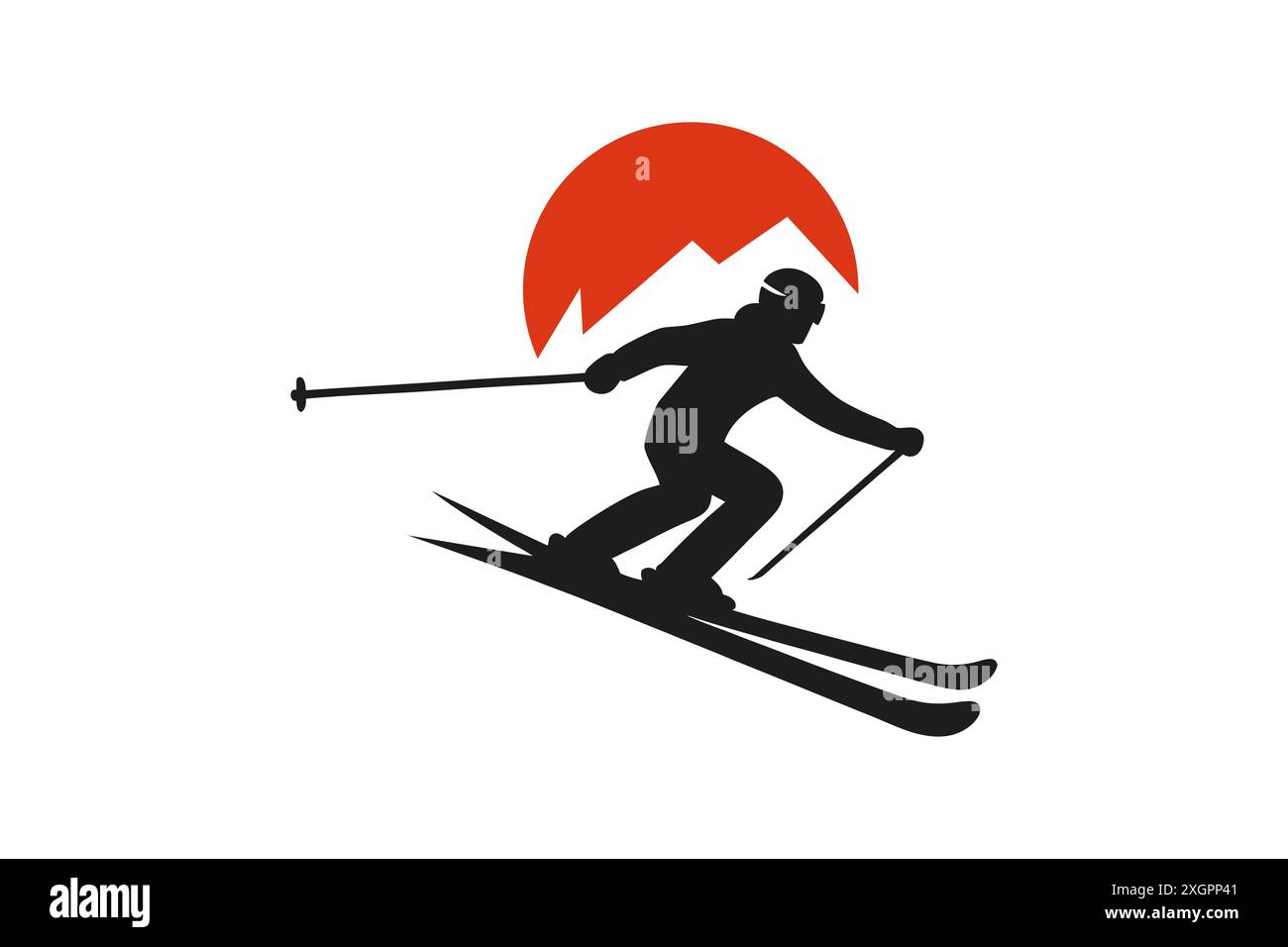 Skier Silhouette Against Sunset Mountain Peak Stock Vector