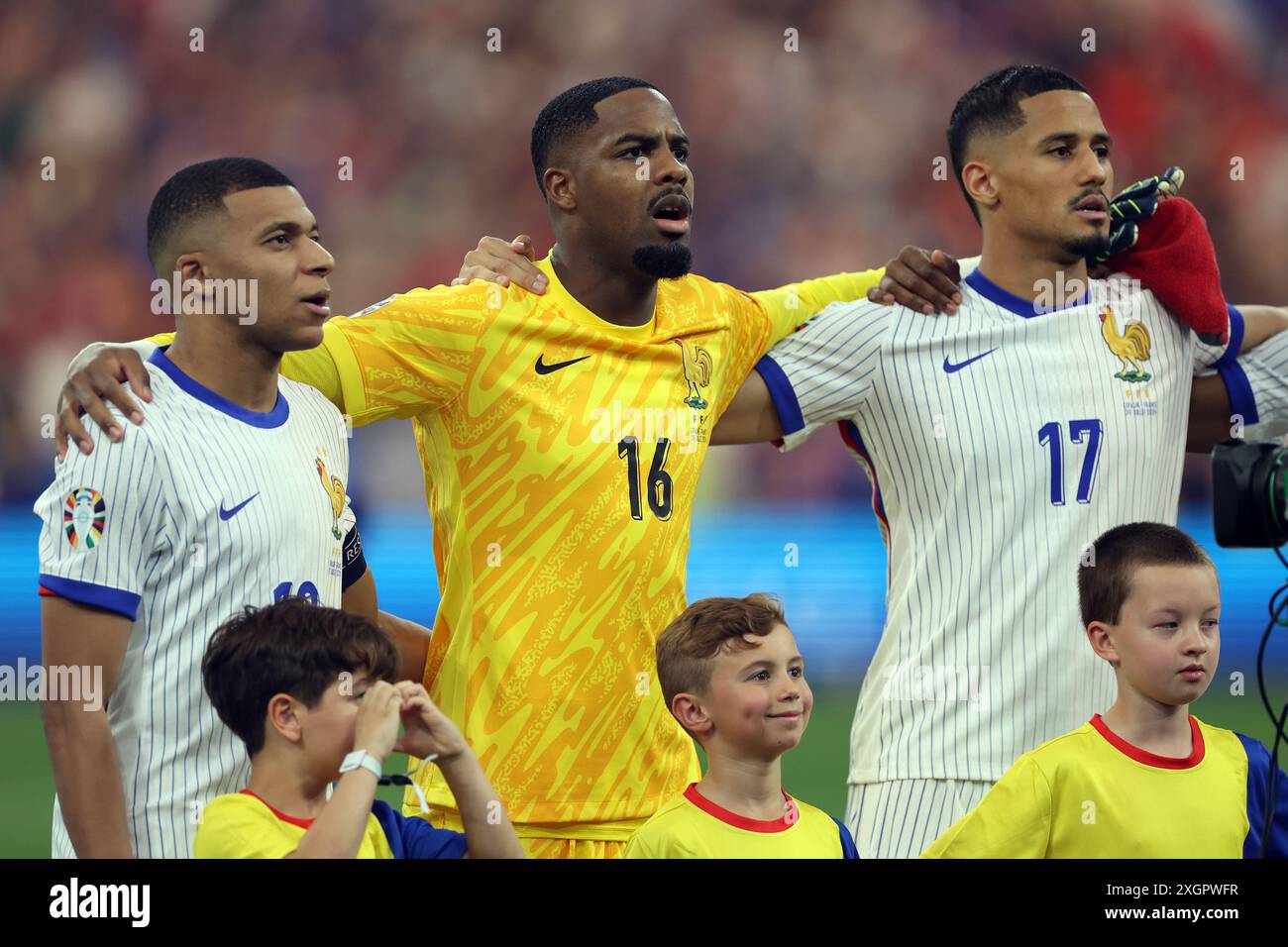 Munich , Germany 09.07.2024: Kylian Mbappe of France, Mike Maignan of France, William Saliba of France during the UEFA EURO 2024 semi-finals, football Stock Photo