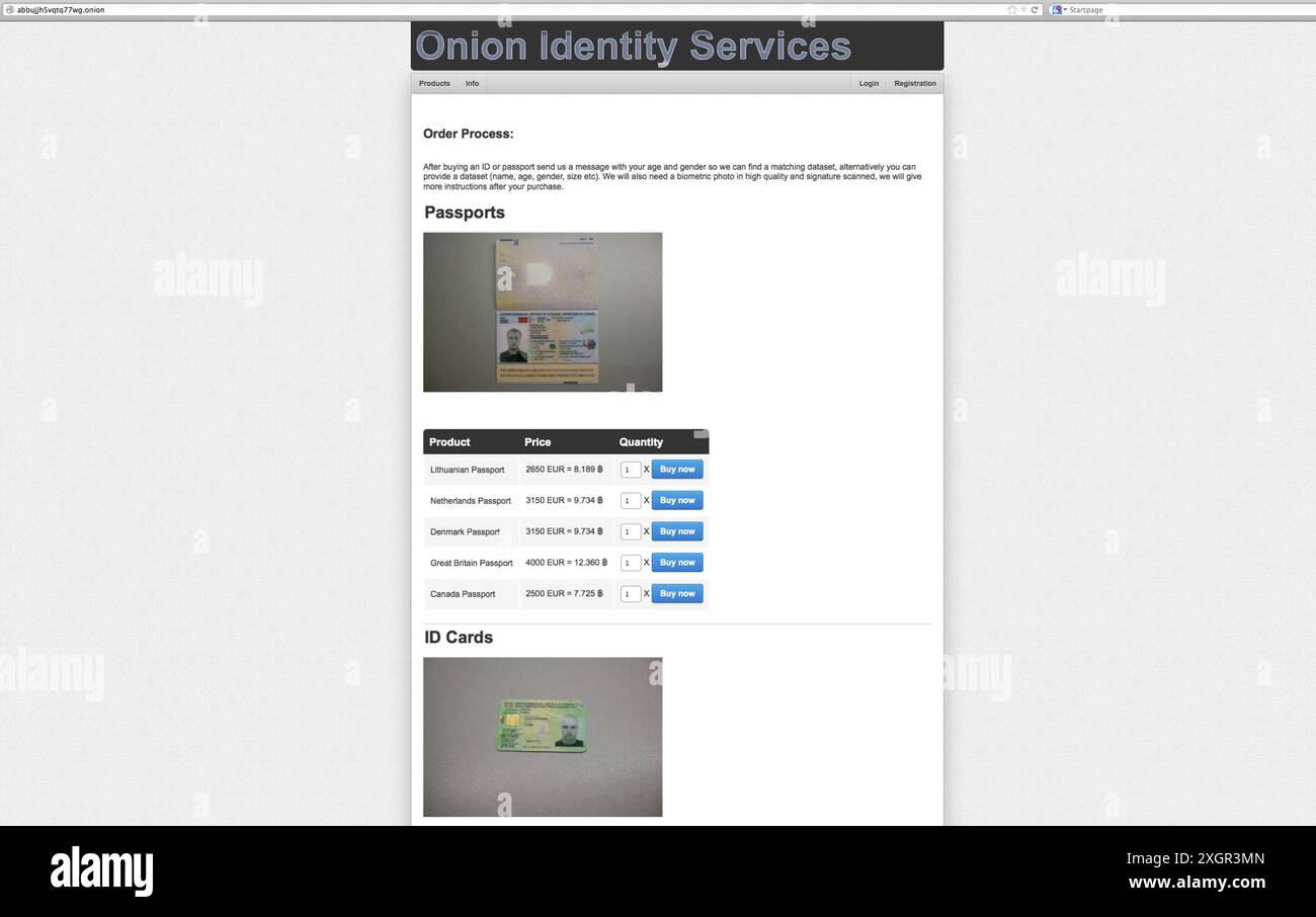 Screen grabs from black market market places on the Dark Net that sell illegal services, drugs, guns, fake IDs etc. Stock Photo