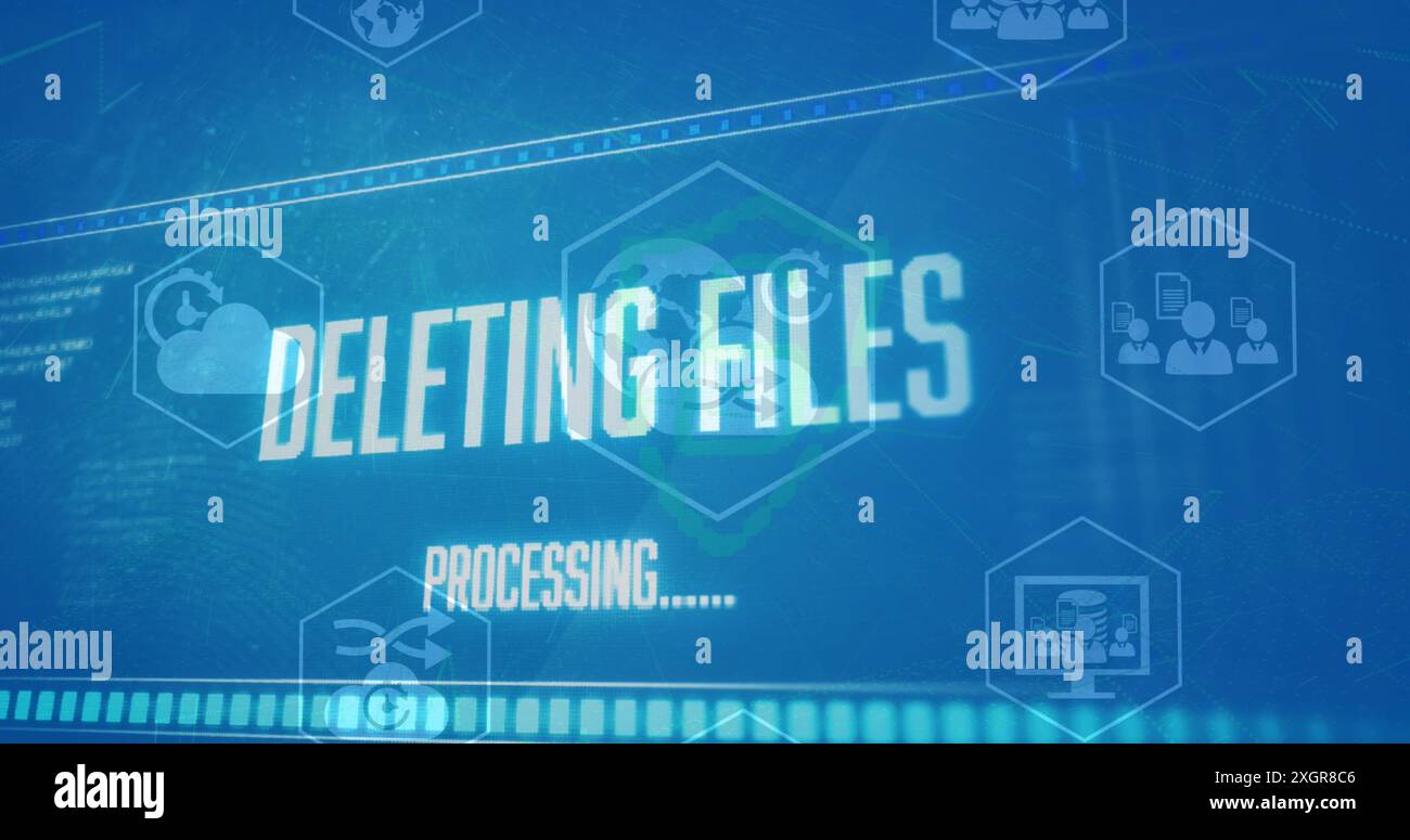 Image of files deleting processing, icons, security symbol against blue background. Digital composite, communication, technology, cloud computing, dat Stock Photo