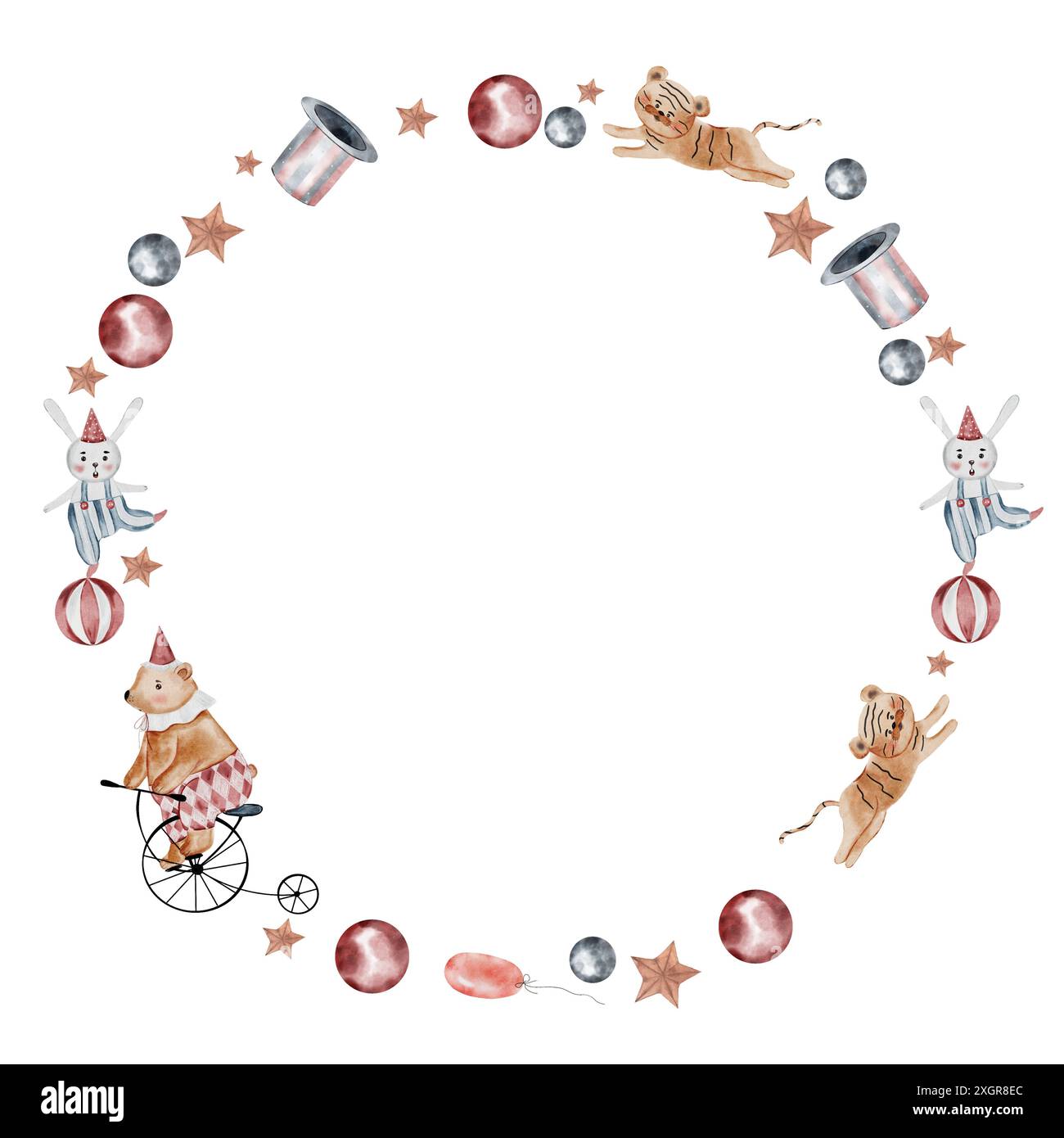 Circus frame. Watercolor hand drawing in the form of a circle with ...