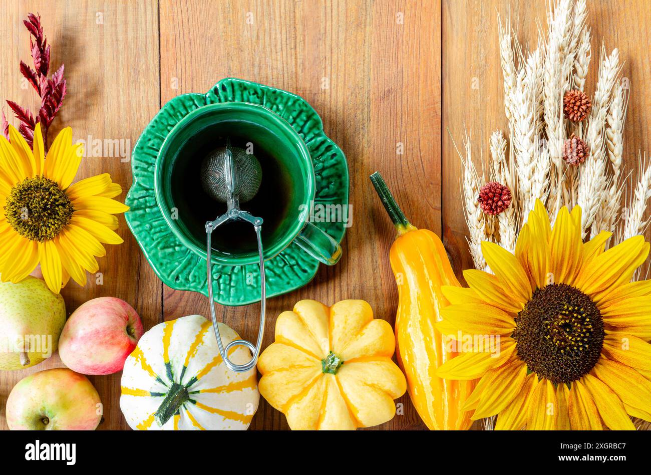 Rustic autumnal flat lay on wood background Stock Photo