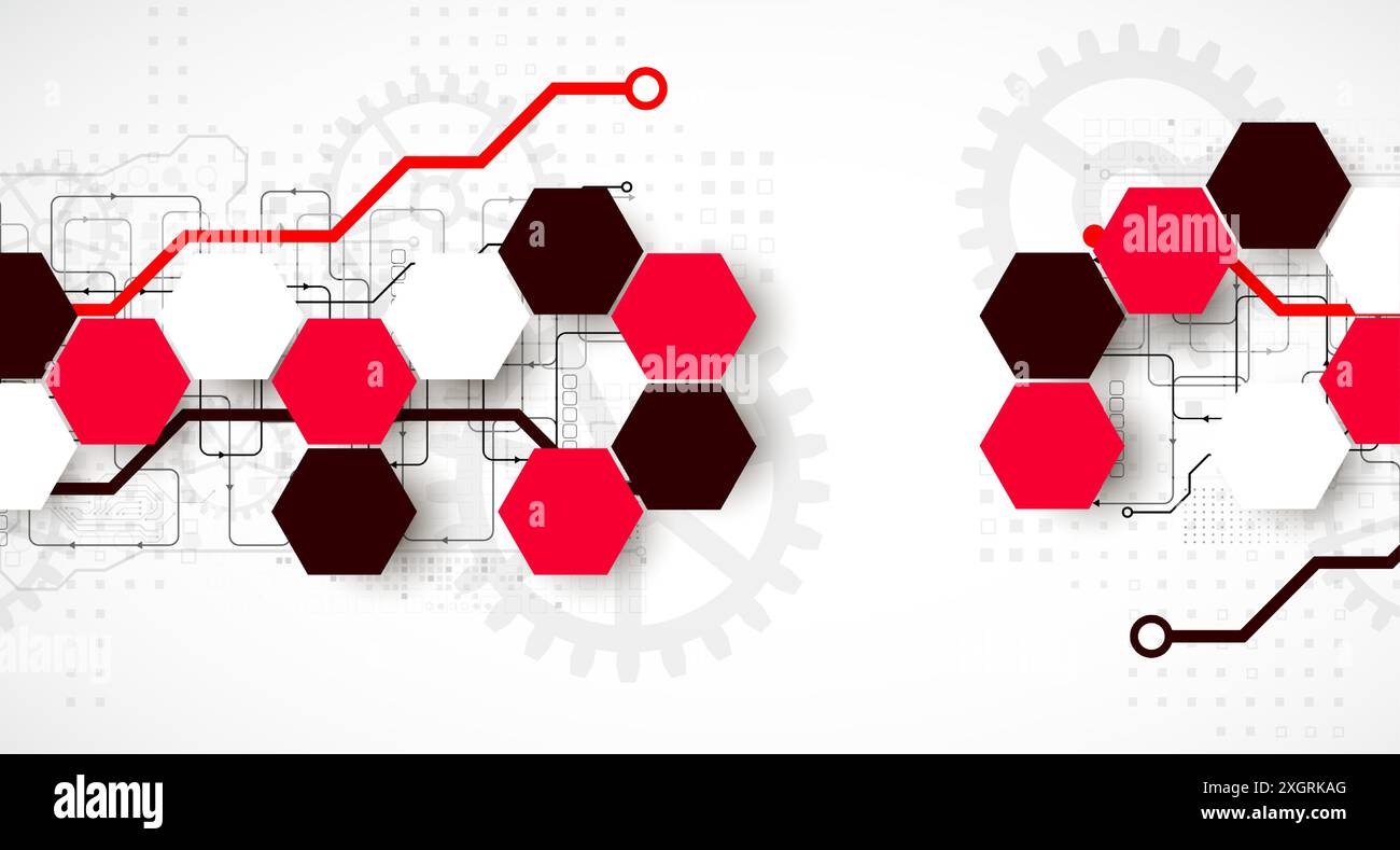 Gear wheel technology background with hexagons. Hand drawn vector. Stock Vector