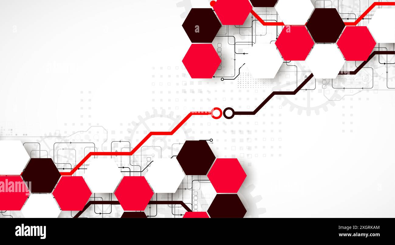 Gear wheel technology background with hexagons. Hand drawn vector. Stock Vector