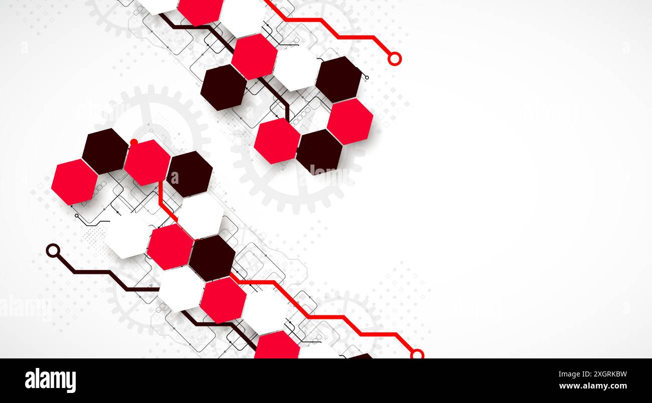 Gear wheel technology background with hexagons. Hand drawn vector. Stock Vector