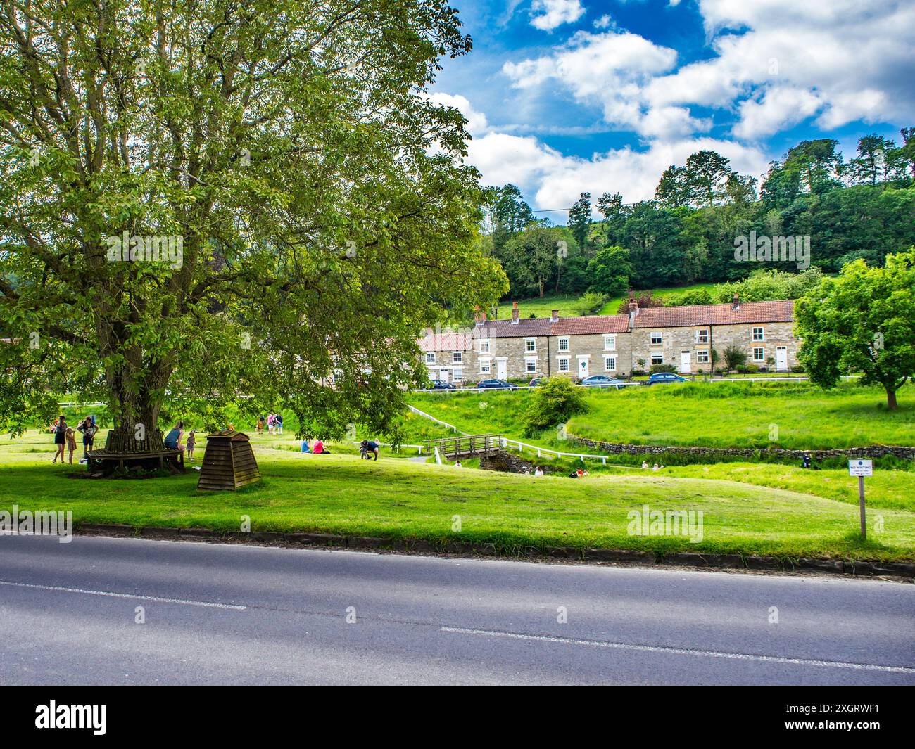Hutton le Hole, North Yorkshire, England. looking across village green ...