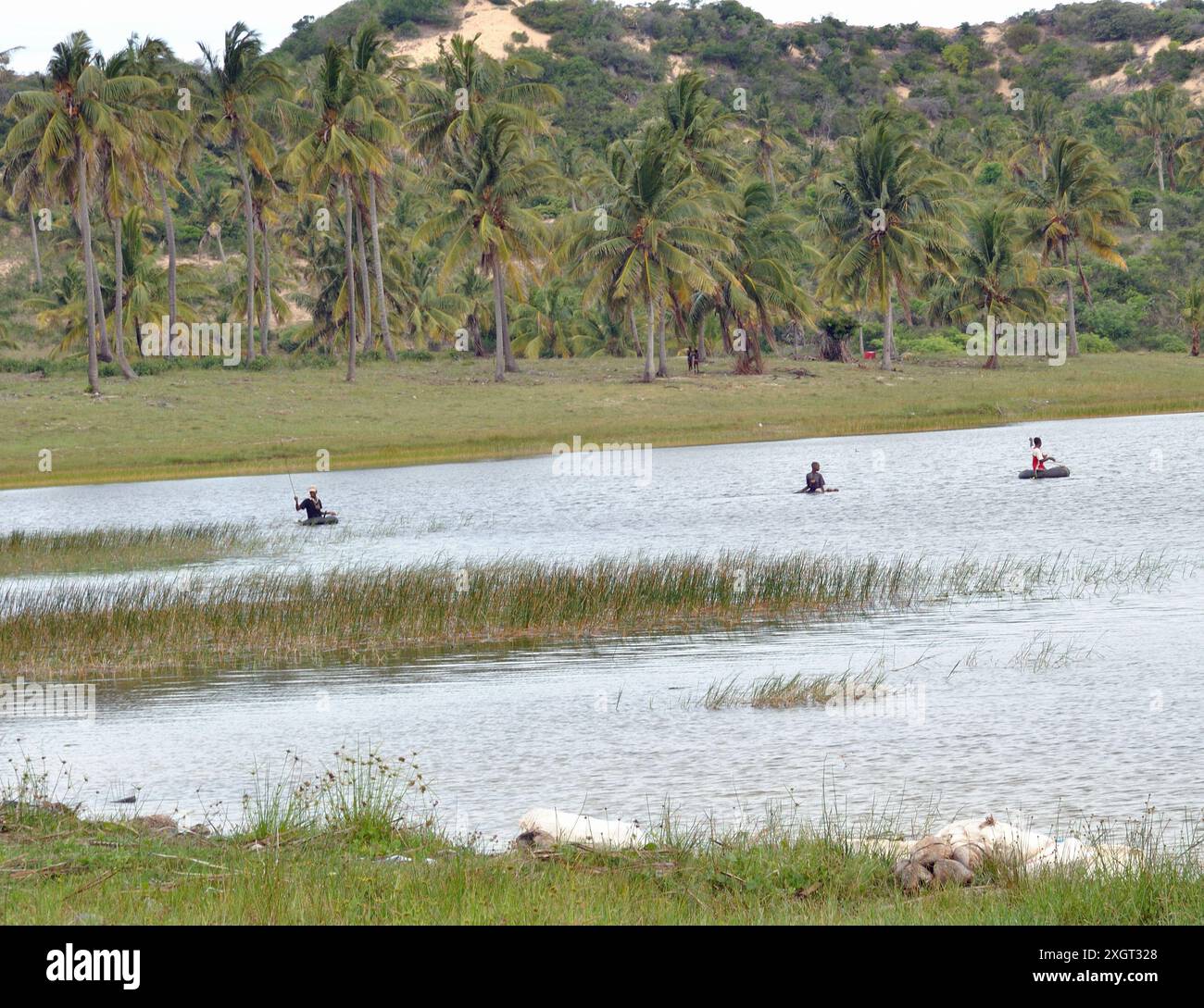 Small boats on fresh water lake, Ligogo, Inhambane, Mozambique. Stock Photo