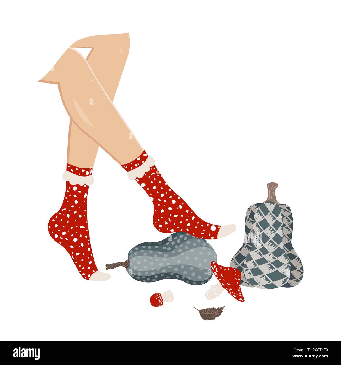 Women legs in fly agaric pattern socks on a pumpkin. Autumn or Halloween illustration design element Stock Vector