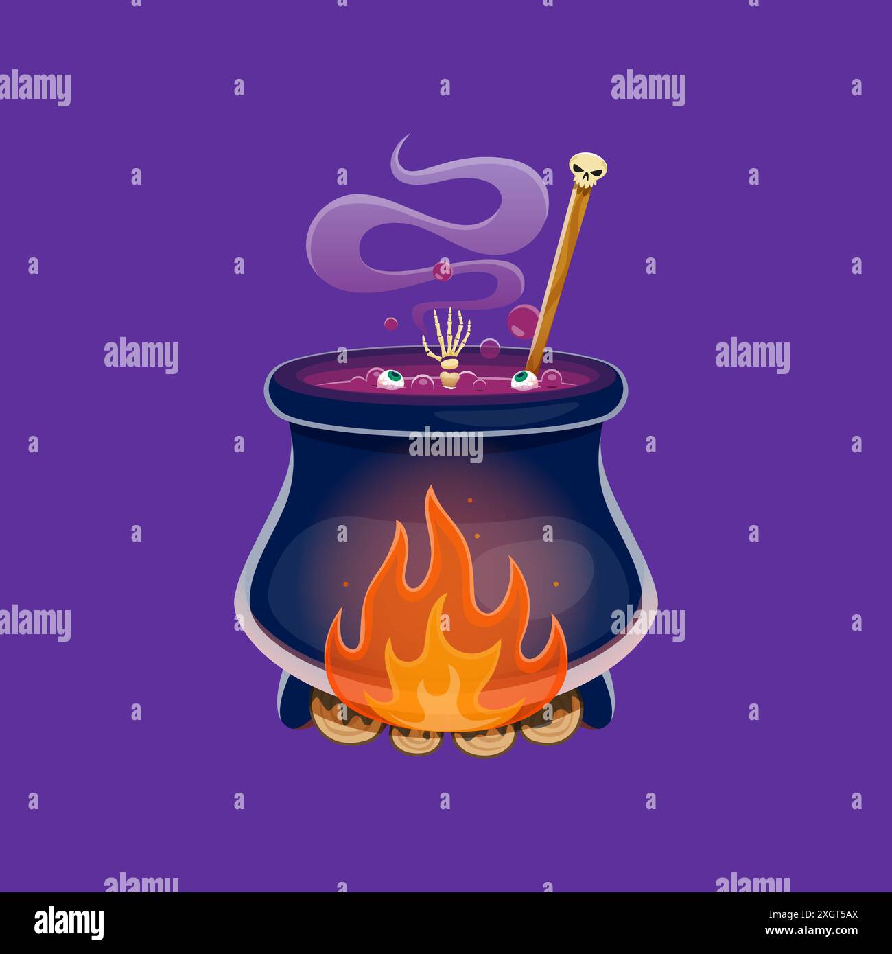 Cartoon Halloween cauldron with witch potion. Vector magic pot with boiling brew, skeleton arm and floating eyeballs in steaming goo. Isolated kettle with poison for evil wizard, sorceress or mage Stock Vector