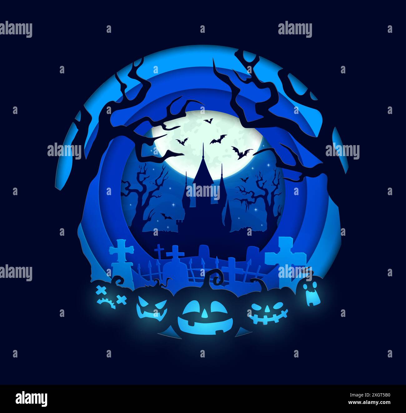 Haunted Paper Vector Halloween paper cut cemetery, castle and pumpkins. Vector background ...