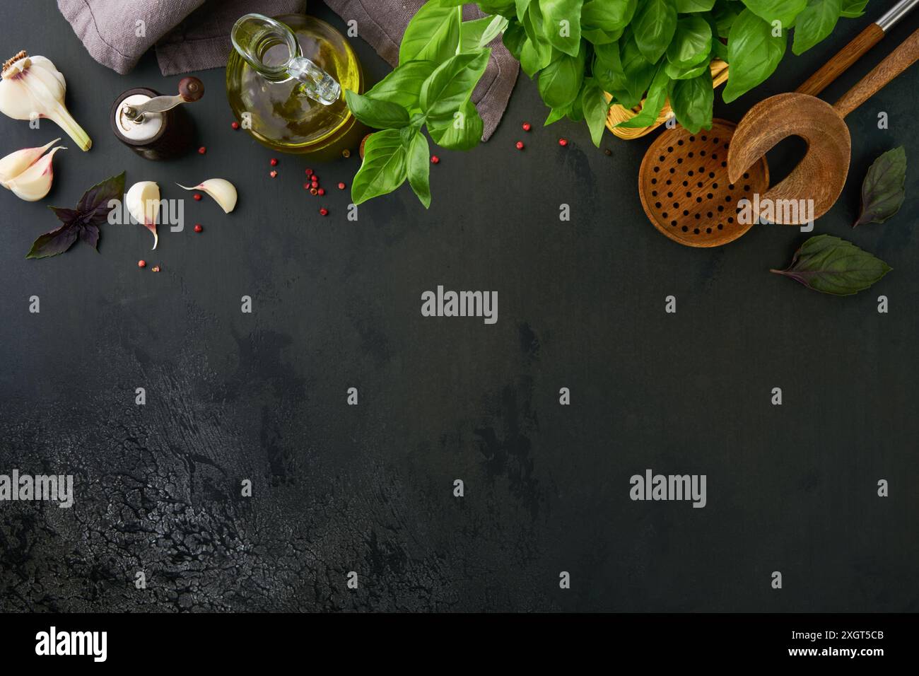 Rustic wooden food background empty frame border. Culinary border of