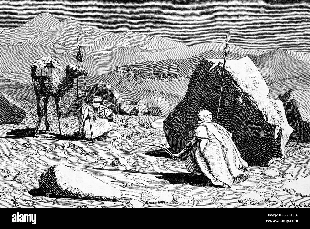 Bedouines travelling in the Sahara Desert at Tassili N'Ajjer National Park, Algeiria, Africa, historic illustration 1886 Stock Photo