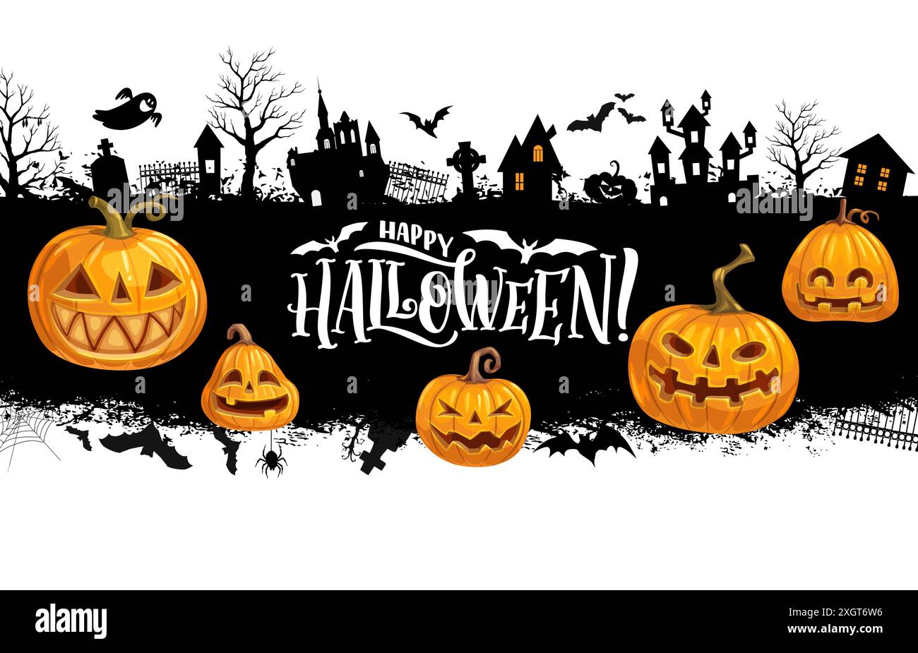 Halloween town silhouette with pumpkins and flying bats, cemetery and ...