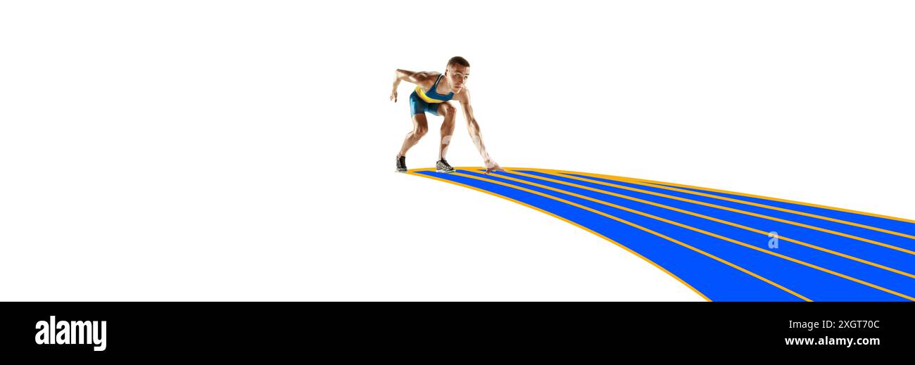 Muscular man, runner standing on starting line, ready to run against ...