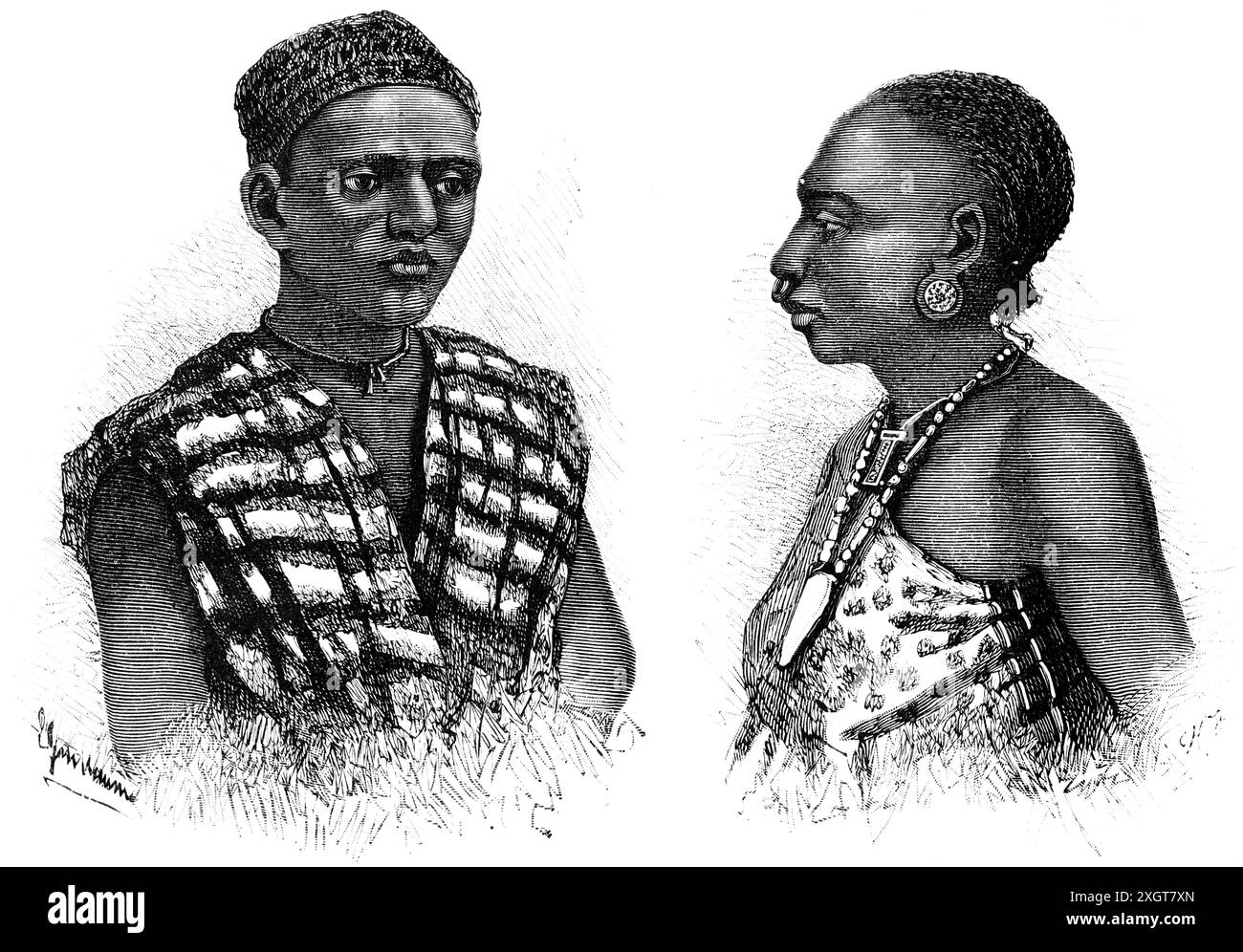 Portraiture of two local people, man and woman, from Mombasa Island, Kenya, East Africa, historic illustration 1886 Stock Photo