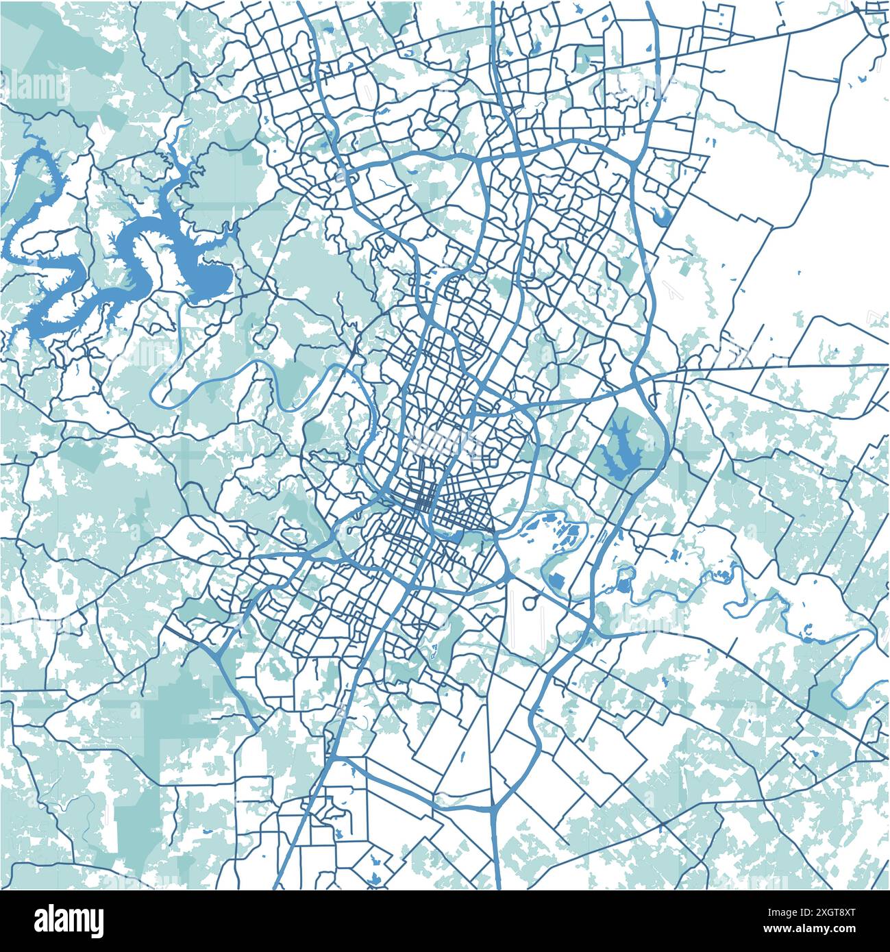 Map of Austin in Texas in blue. Contains layered vector with roads water, parks, etc. Stock Vector