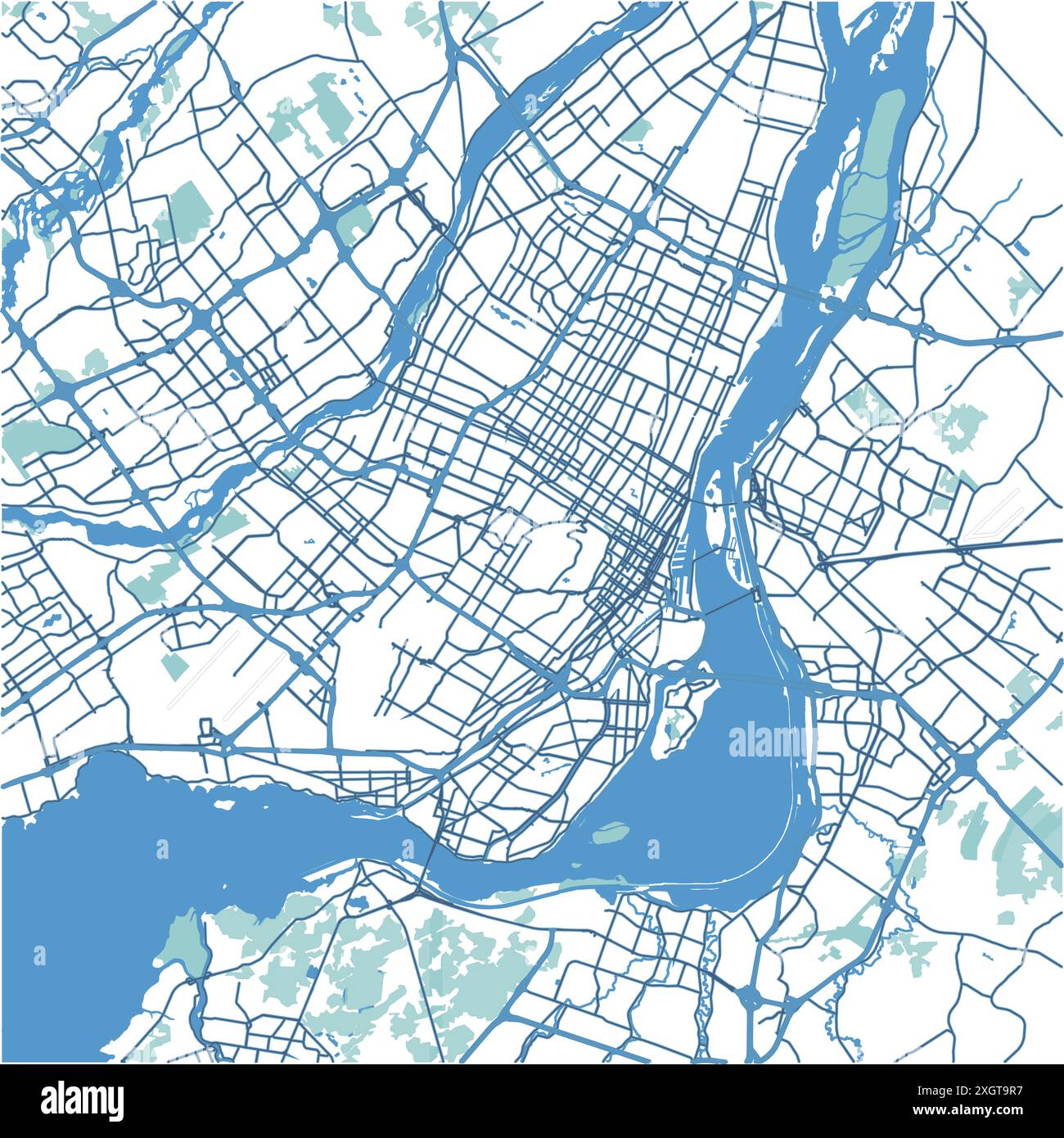 Map of Montreal in Canada in blue. Contains layered vector with roads water, parks, etc. Stock Vector