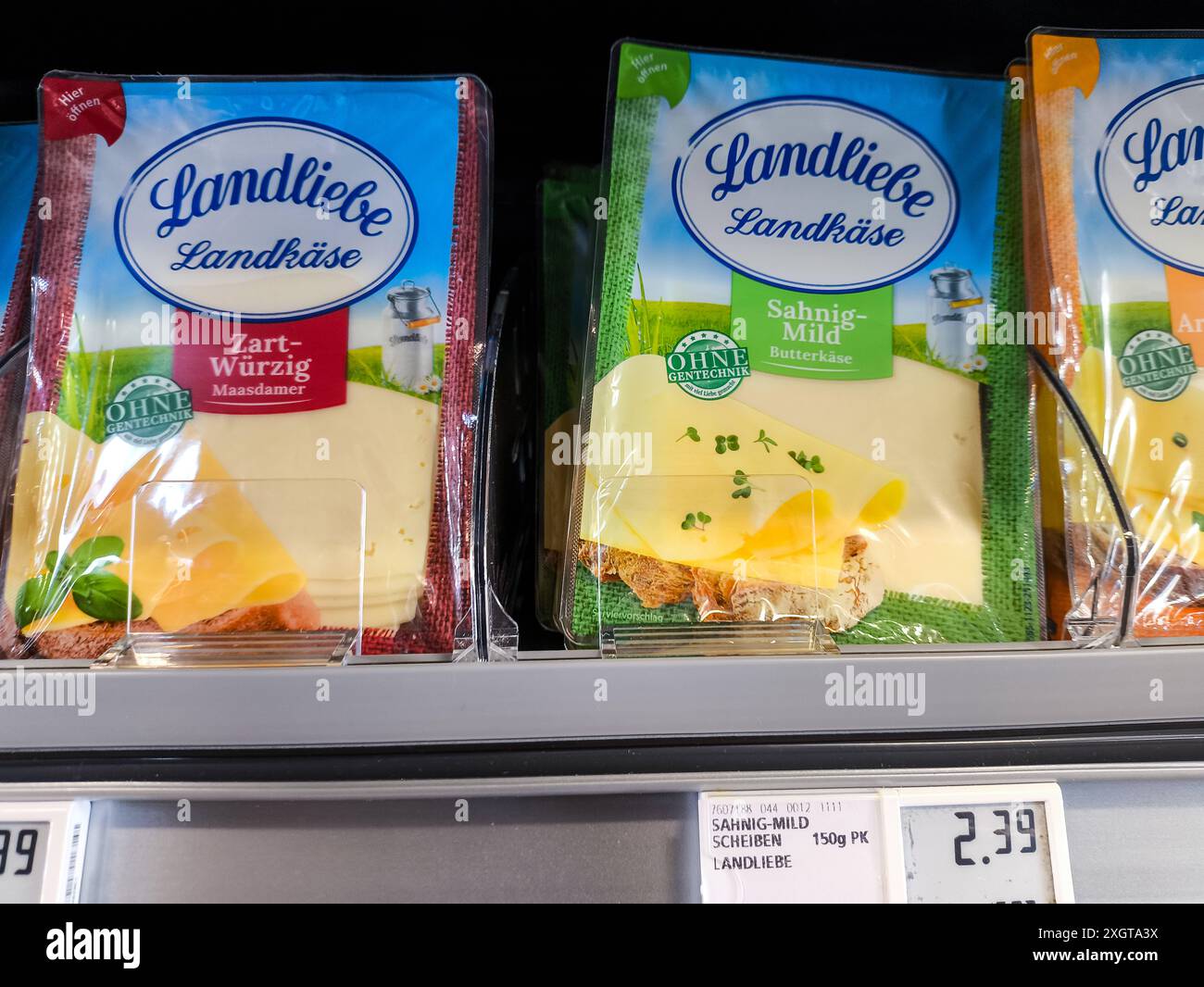 Bavaria, Germany - July 10, 2024: Landliebe cheese from the refrigerated shelf in a food supermarket *** Landliebe Käse aus dem Kühlregal in einem Lebensmittel Supermarkt Stock Photo