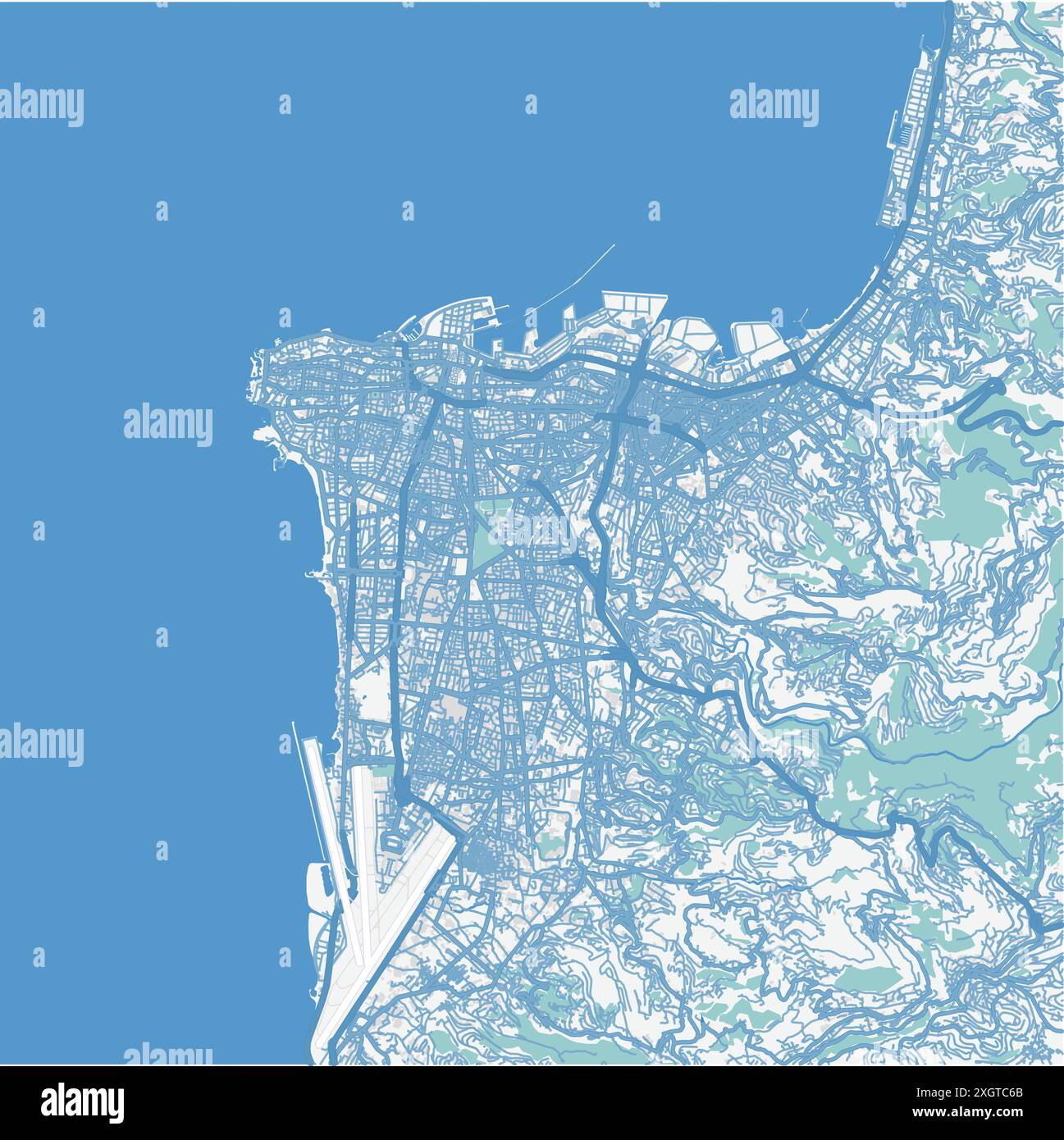 Map of Beirut in Lebanon in blue. Contains layered vector with roads water, parks, etc. Stock Vector