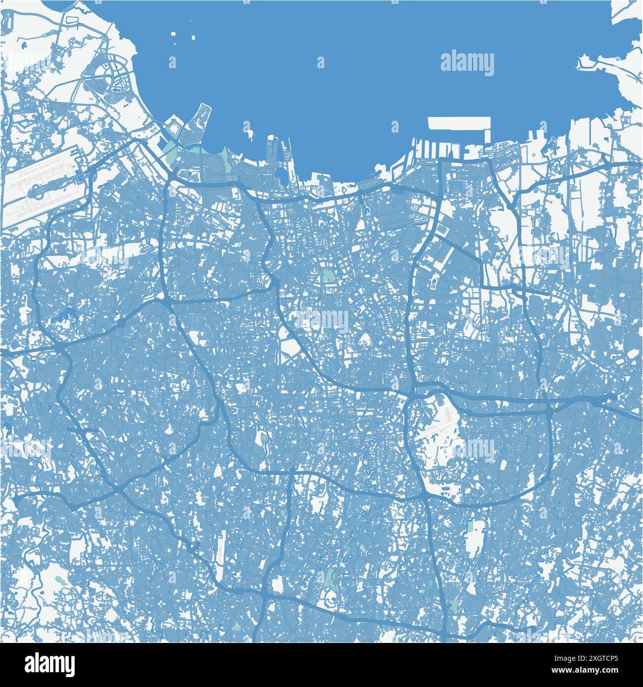 Map of Jakarta in Indonesia in blue. Contains layered vector with roads ...