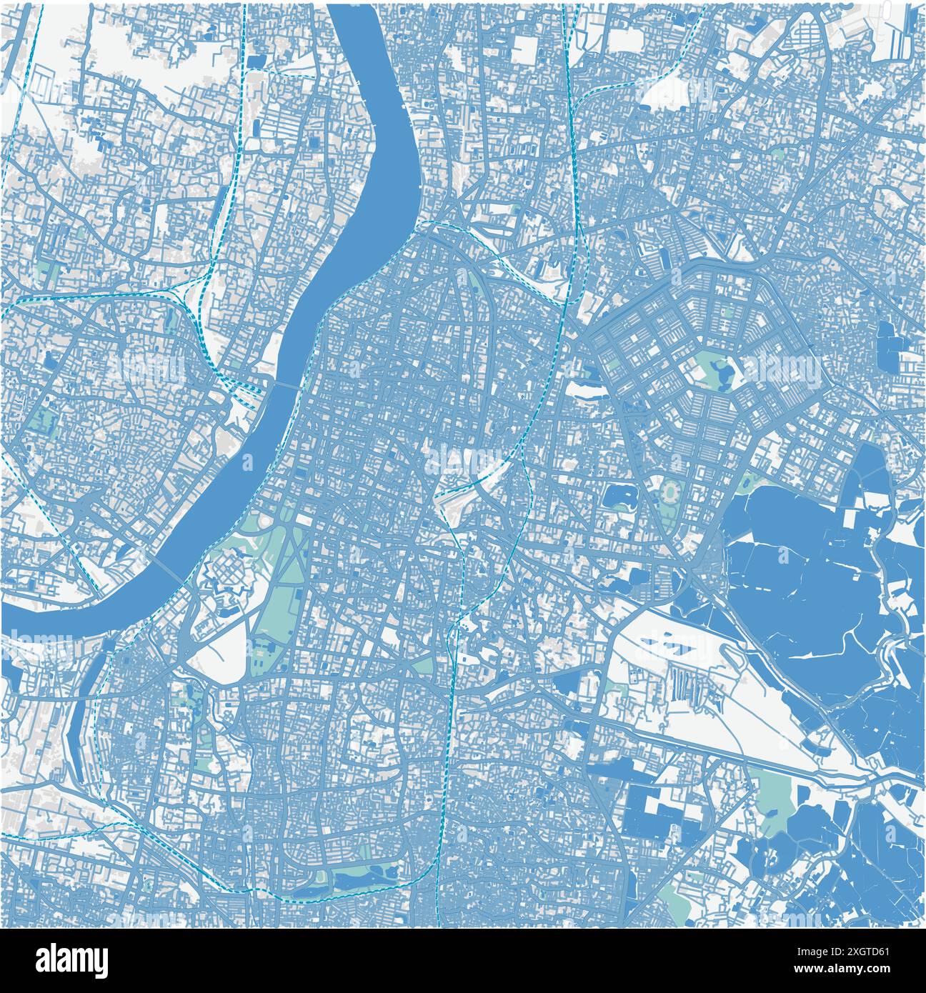 Map of Kolkata (Calcutta) in India in blue. Contains layered vector with roads water, parks, etc