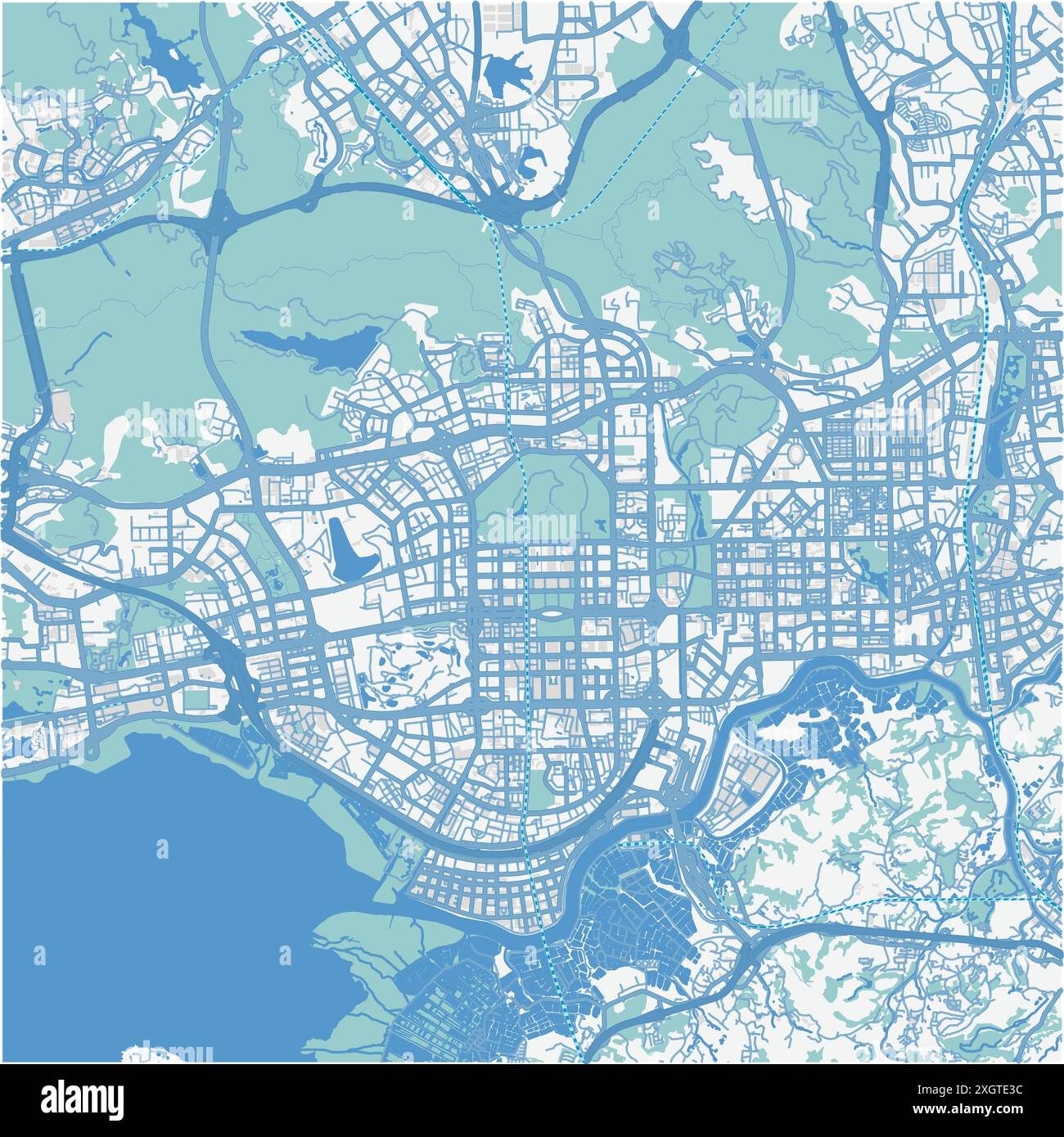 Map of Shenzhen in China in blue. Contains layered vector with roads ...