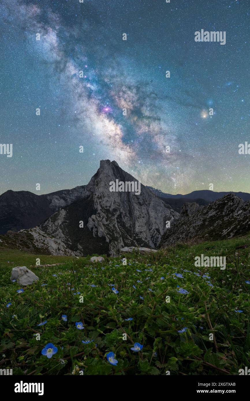 A breathtaking view of the Milky Way galaxy arching over a rugged ...