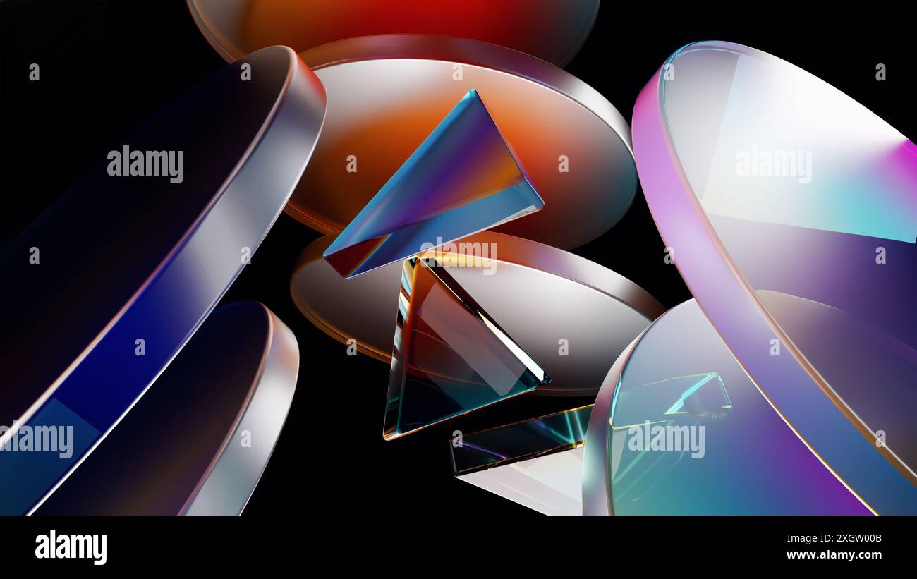A digital artwork featuring vibrant, colored glass shapes with intricate 3D reflections and refractions, creating a visually captivating scene. Stock Photo