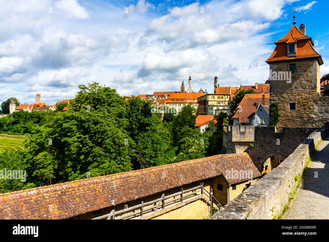 Rothenburg ob der Tauber; Bavaria, Germany. It is famous for its well-preserved medieval old town. Stock Photo