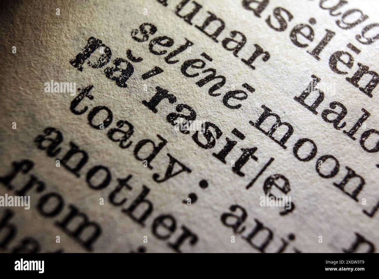 Word parasite on dictionary page, macro close-up Stock Photo