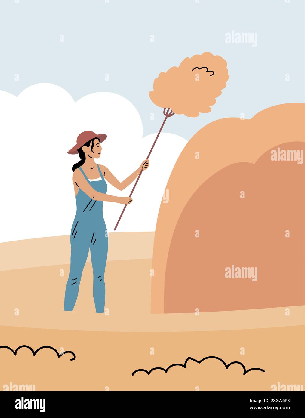 Village farmer woman collecting hay in a stack Stock Vector Image & Art ...