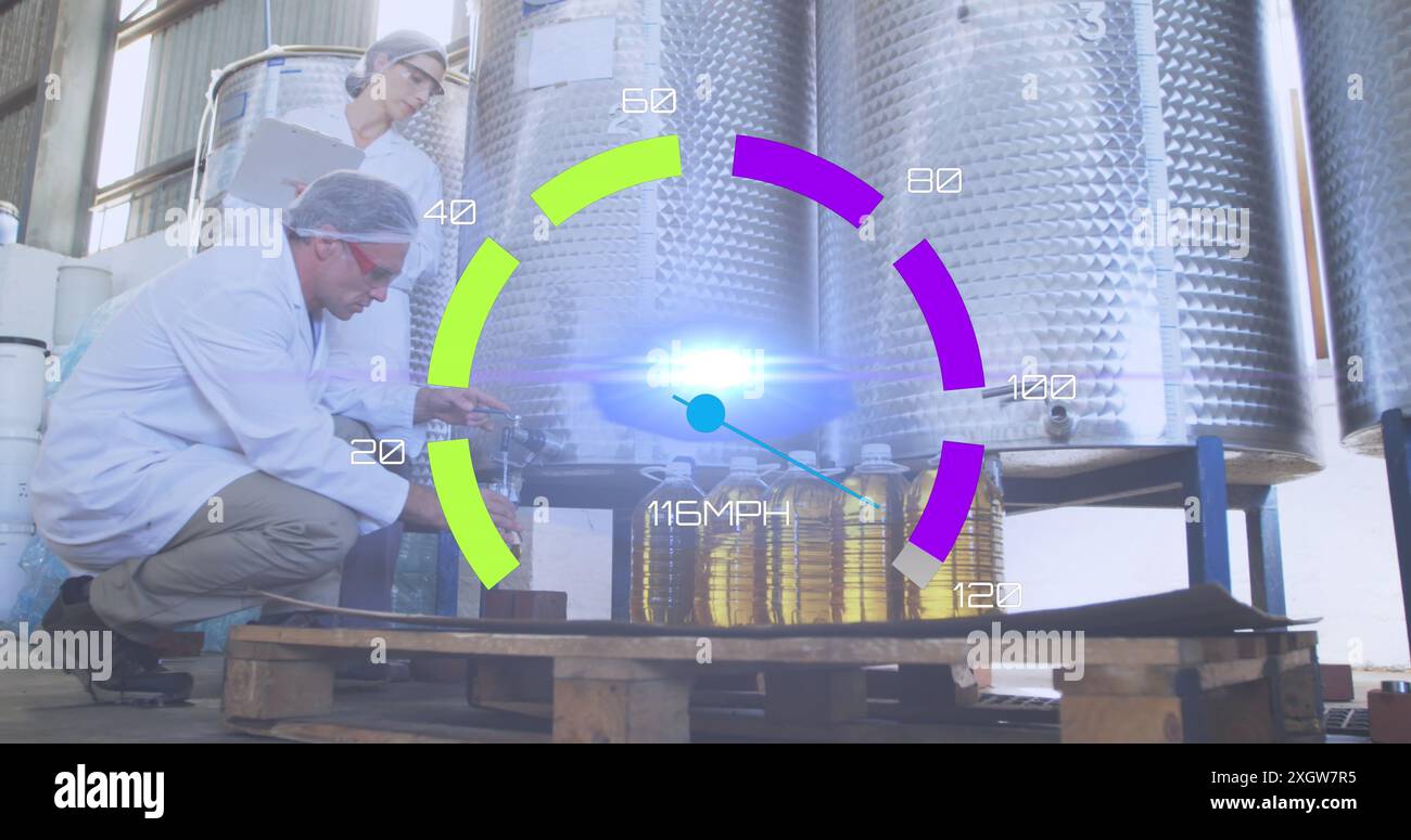 Image of speedometer over refinery workers. Global business, finances, data processing and digital interface concept digitally generated image. Stock Photo